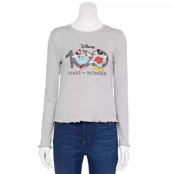 Minnie and Mickey Disney 100 Years of Wonder Long Sleeve Heather Gray Tee Jr XL - Picture 2 of 6